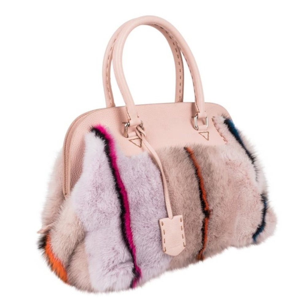 Pale Pink Satchel with Multicolor Fur Accent and Structured Shape